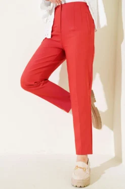 High-Waisted Slim Fit Fabric Trousers