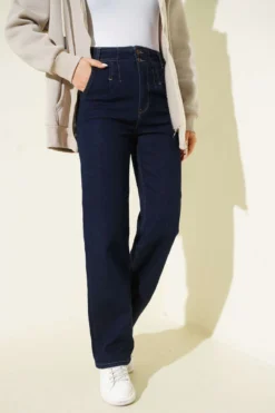 High-Waisted Palazzo Denim Pants Navy Blue