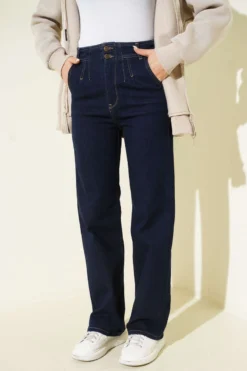 Alternative view of High-Waisted Palazzo Denim Pants Navy Blue