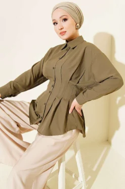 Belted Pleated Shirt Khaki