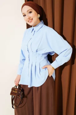 Belted Pleated Shirt Blue wholesale shirt - Hicabistan Turkey factory