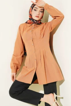 Belted Stone Button Shirt Camel
