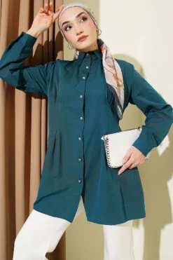 Belted Stone Button Shirt Petrol