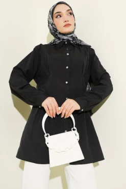 Belted Stone Button Shirt Black