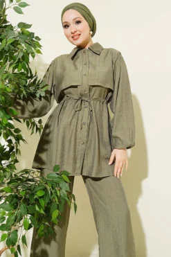 Belted Tunic Shirt Two-Piece Set Khaki