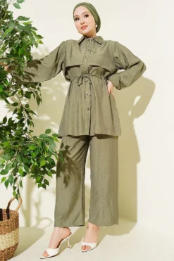 Alternative view of Belted Tunic Shirt Two-Piece Set Khaki