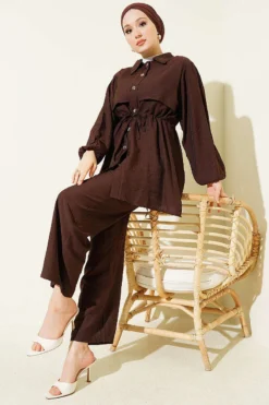 Belted Tunic Shirt Two-Piece Set Brown