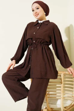 Alternative view of Belted Tunic Shirt Two-Piece Set Brown