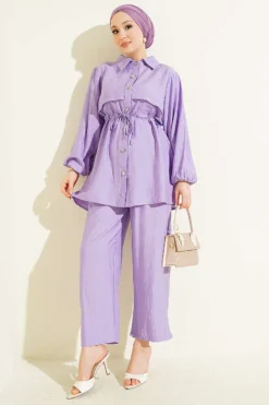 Belted Tunic Shirt Two-Piece Set Lilac