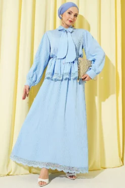 Lace Trimmed Ribbed Skirt Set Blue