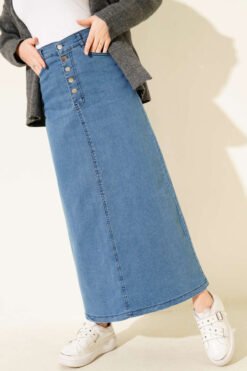 Five-Button Denim Skirt Blue en gros skirt - Hicabistan usine Turquie