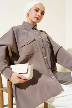Oversized Shirt with Ribbed Cuffs Mink