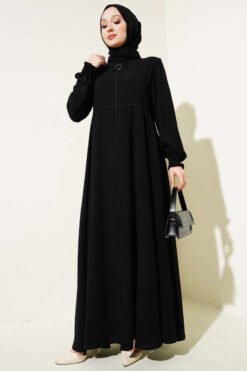 Plus Size Abaya with Shoulder Pads and Gathered Ankle Detail Black