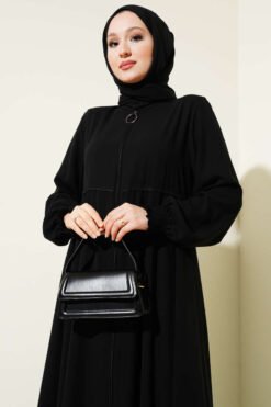 Vista alternativa di Plus Size Abaya with Shoulder Pads and Gathered Ankle Detail Black