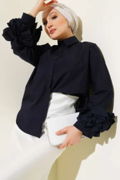 Ankle Ruffled Short Shirt Navy Blue Großhandel shirt - Hicabistan Türkei Fabrik