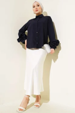 Ankle Ruffled Short Shirt Navy Blue Großhandel shirt view 2 - Hicabistan Türkei Fabrik