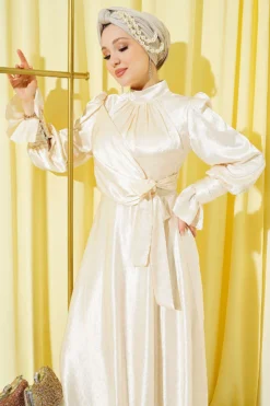 Alternative view of Ankle Ruffled Side-Tied Evening Dress Beige