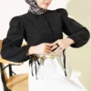 Ankle Tie Balloon Sleeve Short Shirt Black