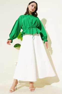 Short Belted Tunic with Ankle Elastic Green wholesale shirt view 2 - Hicabistan Turkey factory