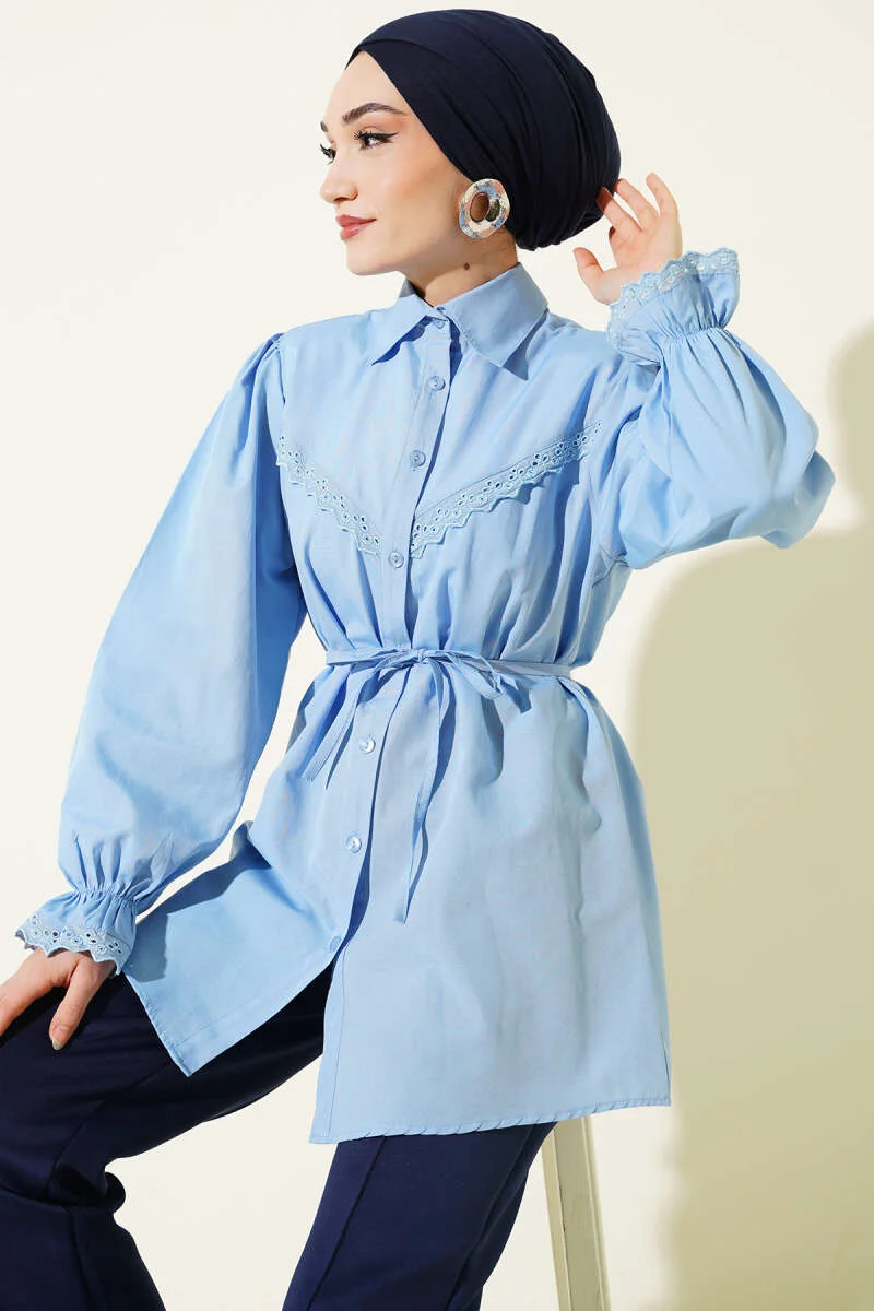 Cuff Elastic Lace Detail Shirt Baby Blue Großhandel shirt - Hicabistan Türkei Fabrik