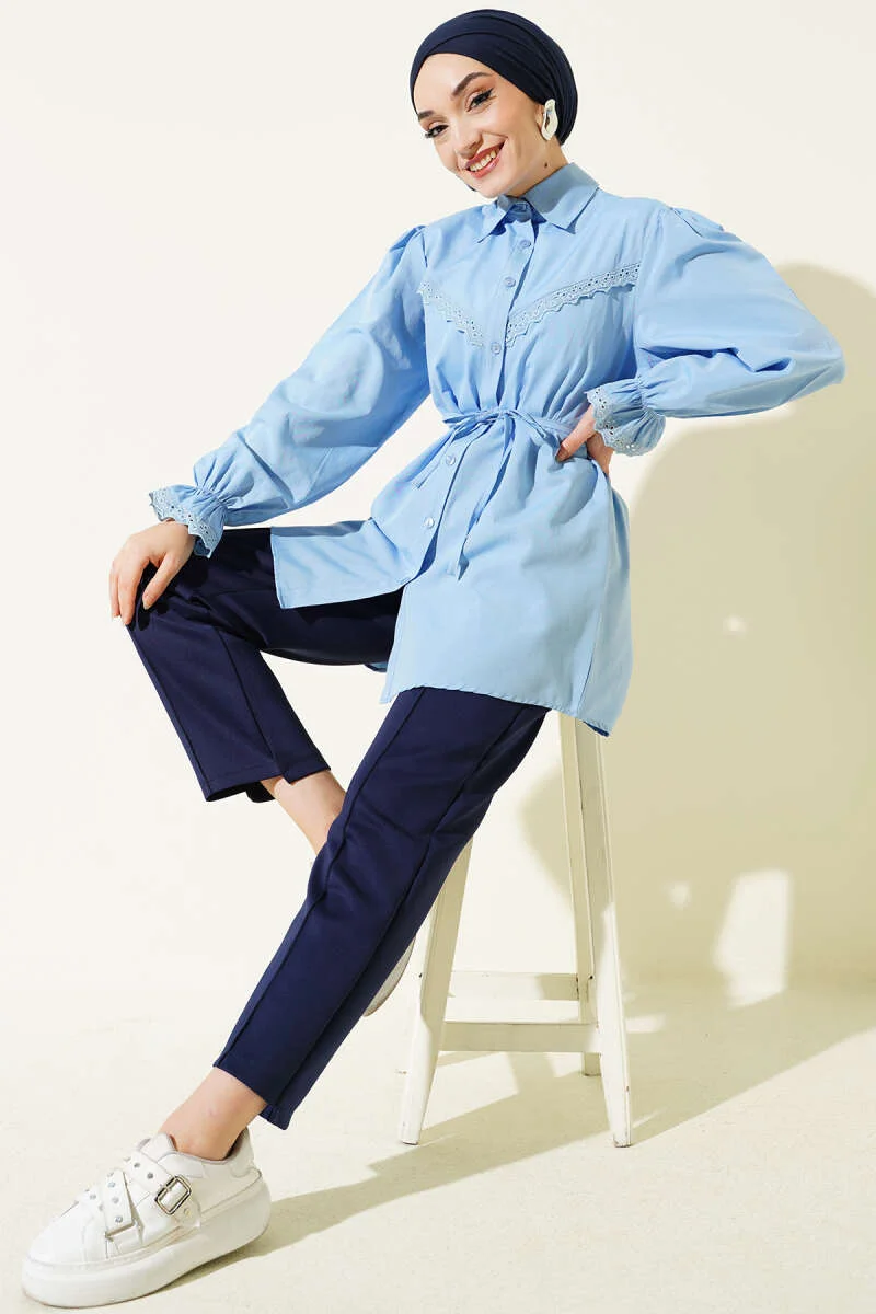 Cuff Elastic Lace Detail Shirt Baby Blue Großhandel shirt view 2 - Hicabistan Türkei Fabrik