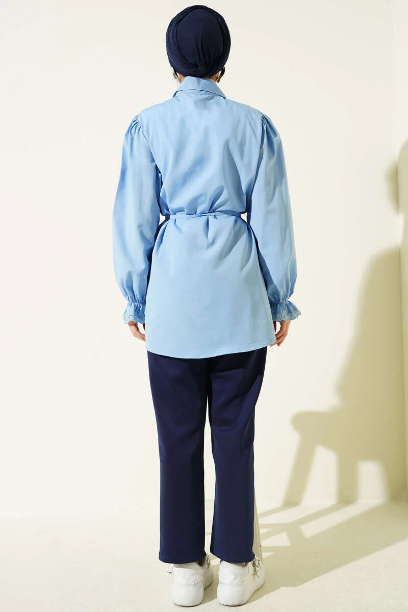 Cuff Elastic Lace Detail Shirt Baby Blue Großhandel shirt view 3 - Hicabistan Türkei Fabrik