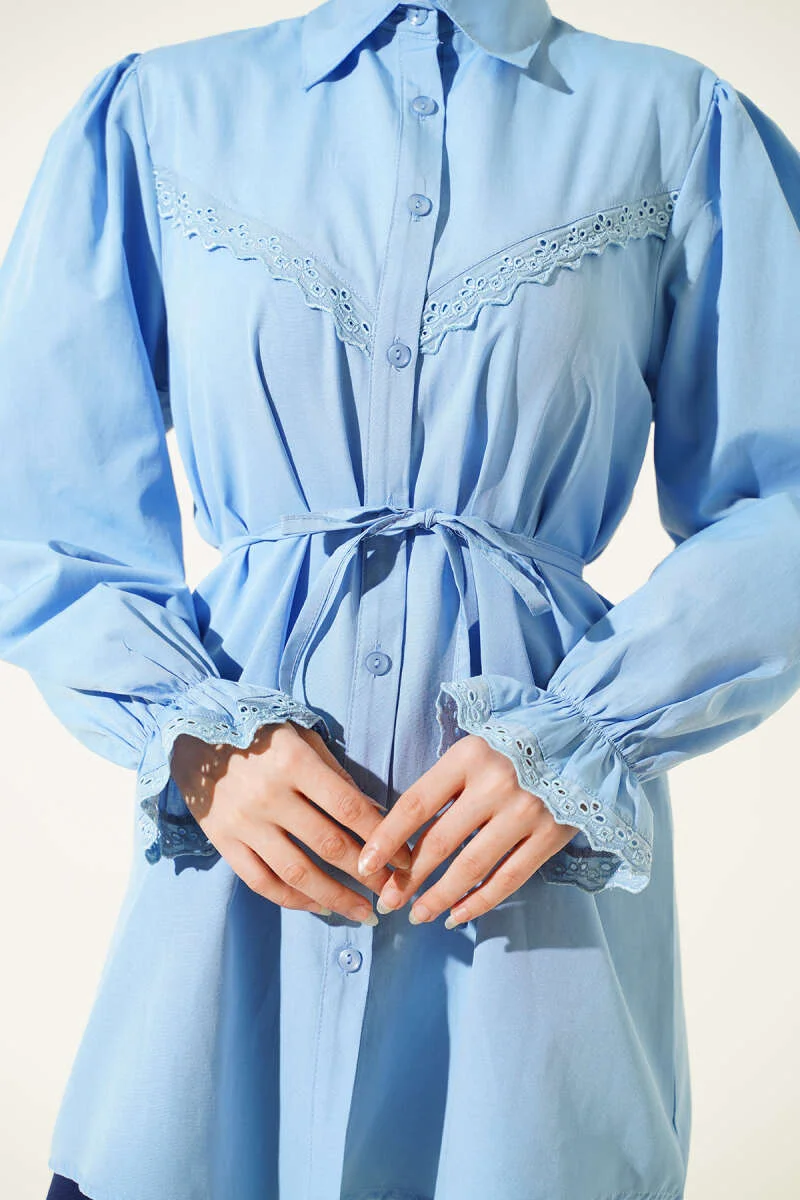 Cuff Elastic Lace Detail Shirt Baby Blue Großhandel shirt view 4 - Hicabistan Türkei Fabrik