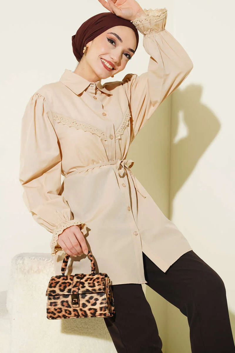 Cuff Elastic Lace Detail Shirt Beige en gros shirt - Hicabistan usine Turquie