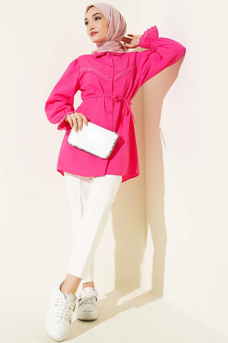 Cuff Elastic Lace Detail Shirt Fuchsia al por mayor shirt view 2 - Hicabistan fábrica Turquía