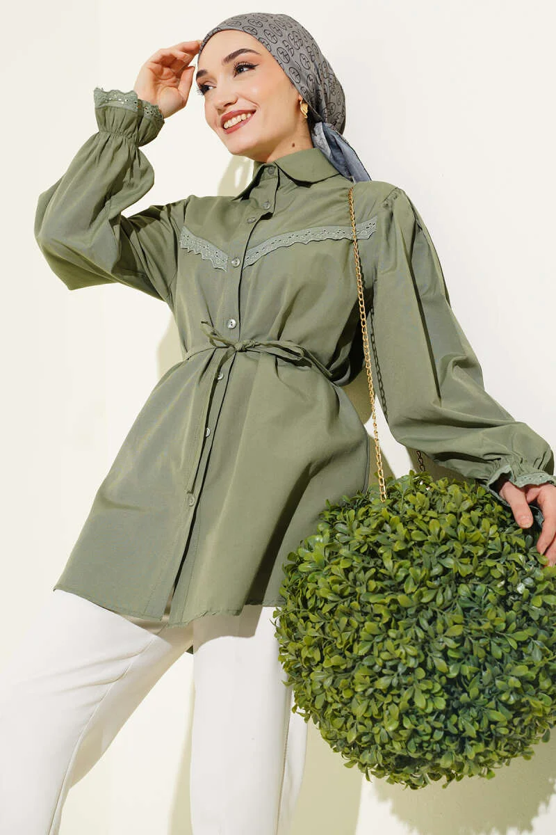 Cuff Elastic Lace Detail Shirt Khaki بالجملة shirt - Hicabistan مصنع تركيا