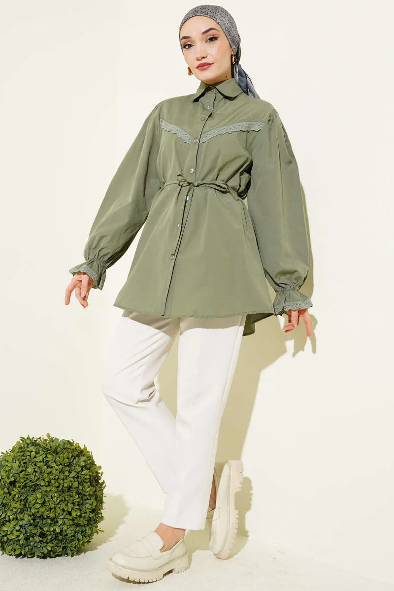 Cuff Elastic Lace Detail Shirt Khaki بالجملة shirt view 2 - Hicabistan مصنع تركيا