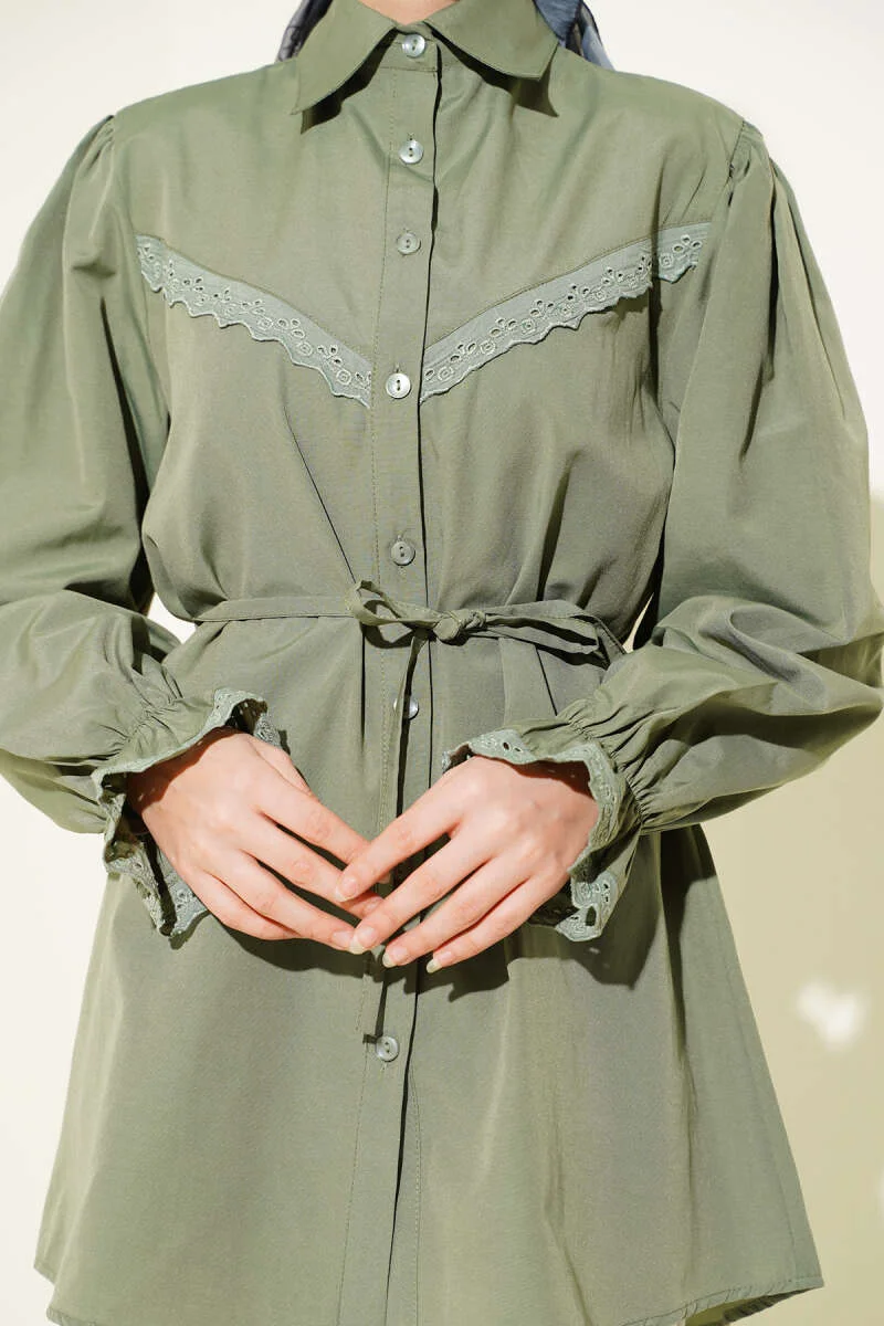 Cuff Elastic Lace Detail Shirt Khaki بالجملة shirt view 4 - Hicabistan مصنع تركيا