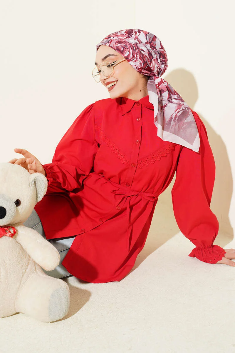 Cuff Elastic Lace Detail Shirt Red all'ingrosso shirt - Hicabistan fabbrica Turchia