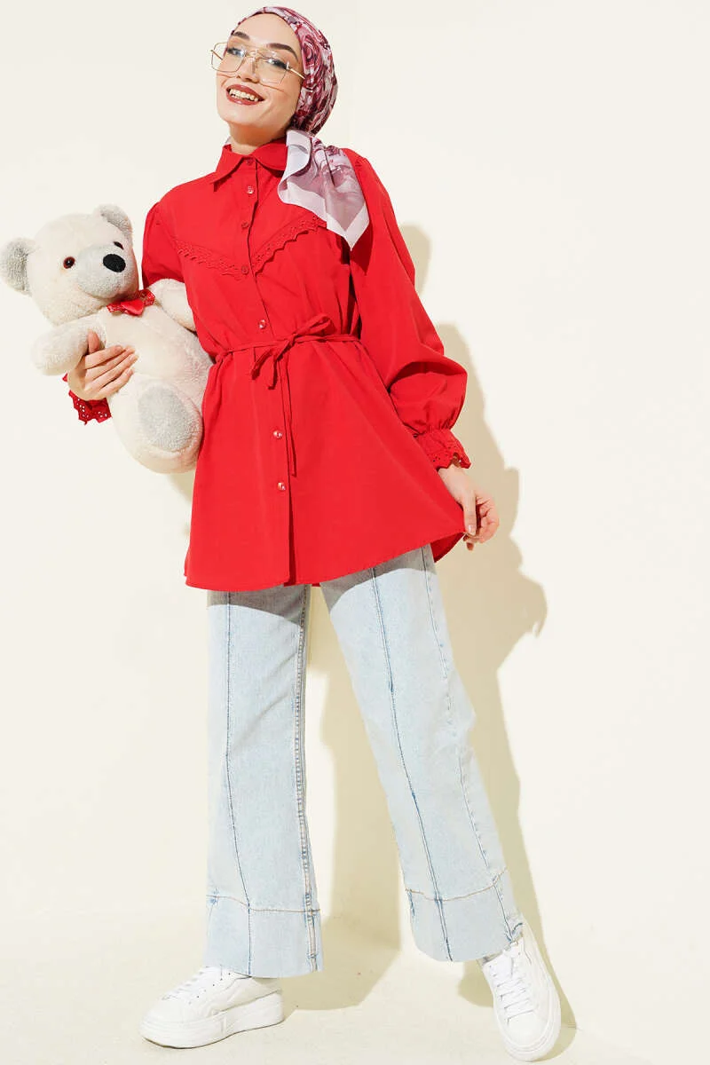 Cuff Elastic Lace Detail Shirt Red all'ingrosso shirt view 2 - Hicabistan fabbrica Turchia