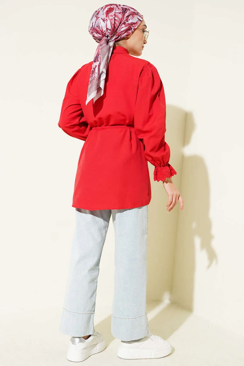 Cuff Elastic Lace Detail Shirt Red all'ingrosso shirt view 3 - Hicabistan fabbrica Turchia