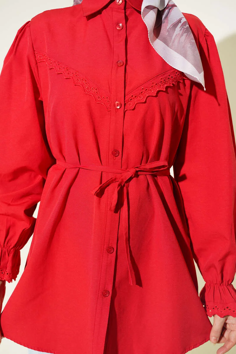 Cuff Elastic Lace Detail Shirt Red all'ingrosso shirt view 4 - Hicabistan fabbrica Turchia