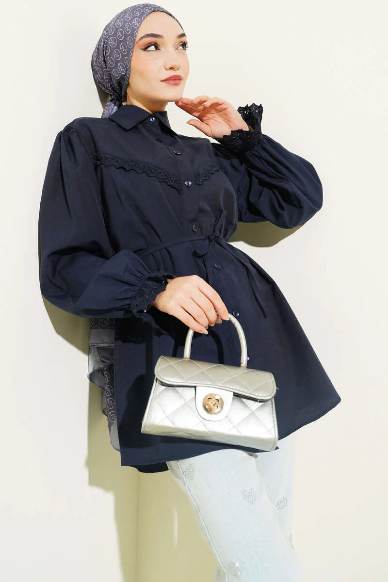 Cuff Elastic Lace Detail Shirt Navy Blue Großhandel shirt - Hicabistan Türkei Fabrik
