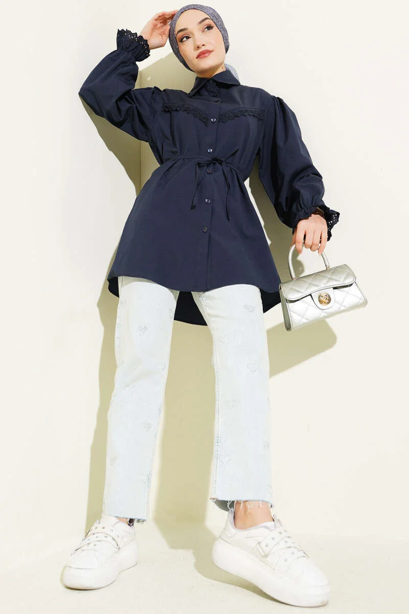 Cuff Elastic Lace Detail Shirt Navy Blue Großhandel shirt view 2 - Hicabistan Türkei Fabrik