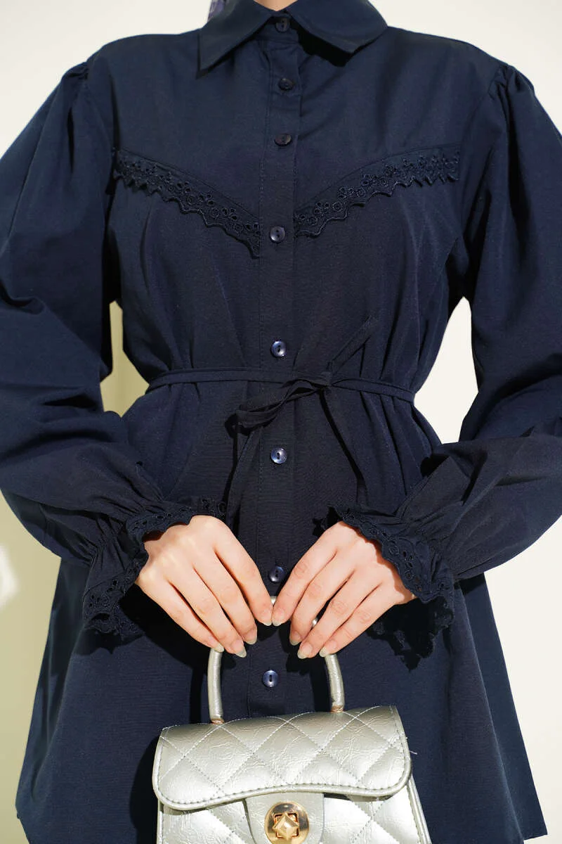 Cuff Elastic Lace Detail Shirt Navy Blue Großhandel shirt view 4 - Hicabistan Türkei Fabrik