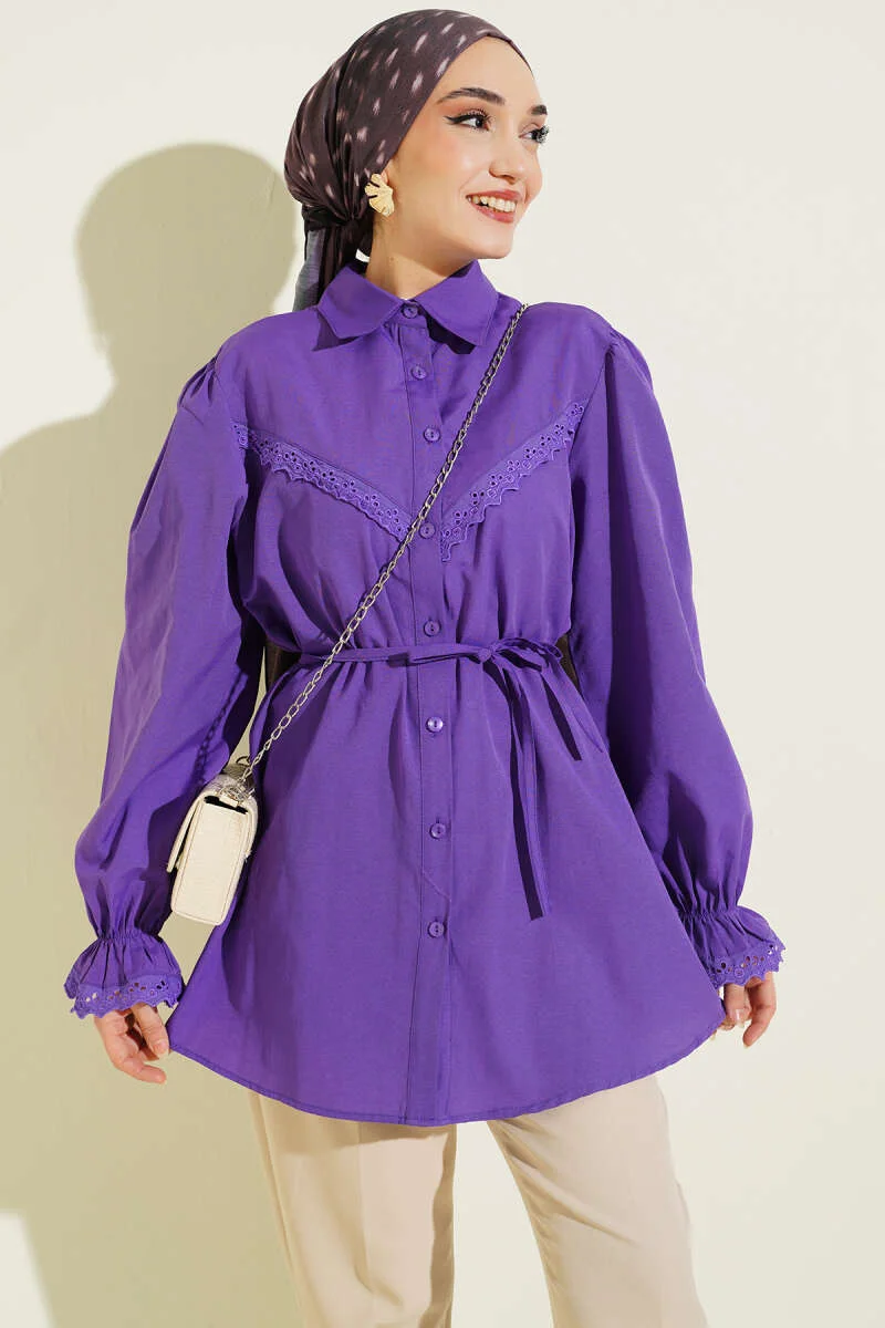Cuff Elastic Lace Detail Shirt Purple al por mayor shirt - Hicabistan fábrica Turquía