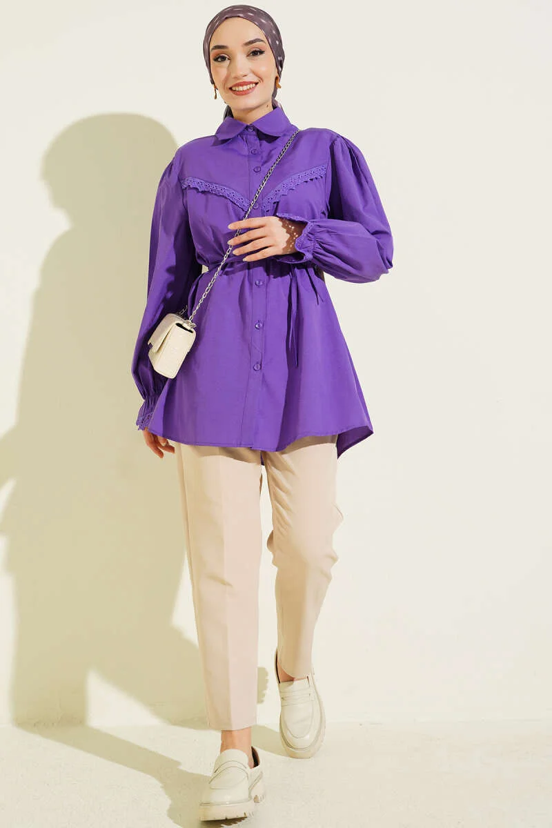Cuff Elastic Lace Detail Shirt Purple al por mayor shirt view 2 - Hicabistan fábrica Turquía
