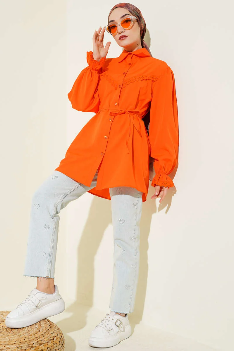 Cuff Elastic Lace Detail Shirt Orange en gros shirt view 2 - Hicabistan usine Turquie
