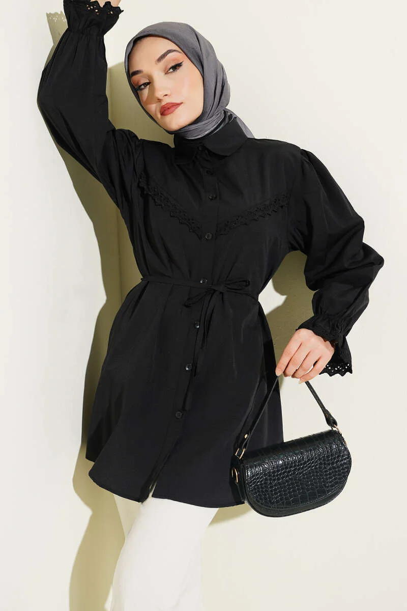 Cuff Elastic Lace Detail Shirt Black