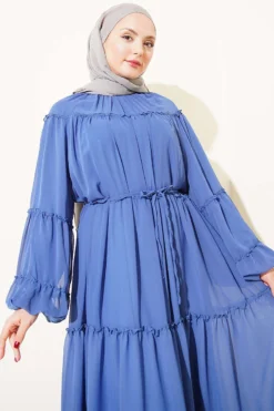 Ankle Elastic Tiered Chiffon Dress Indigo wholesale dress view 2 - Hicabistan Turkey factory