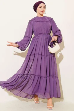 Ankle Elastic Tiered Chiffon Dress Purple