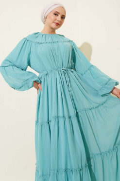 Ankle Elastic Tiered Chiffon Dress Mint all'ingrosso dress view 2 - Hicabistan fabbrica Turchia