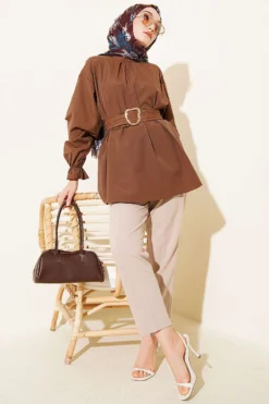 Alternatieve weergave van Ankle Elastic Waist Poplin Tunic Brown
