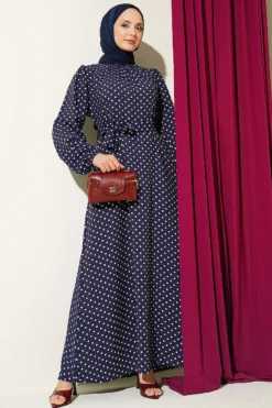 Ankle Elastic Polka Dot Belted Dress Navy Blue