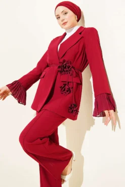 Alternative view of Ankle Pleated Floral Brooch Blazer Set Burgundy