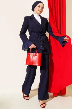 Ankle Pleated Floral Brooch Blazer Set Navy Blue